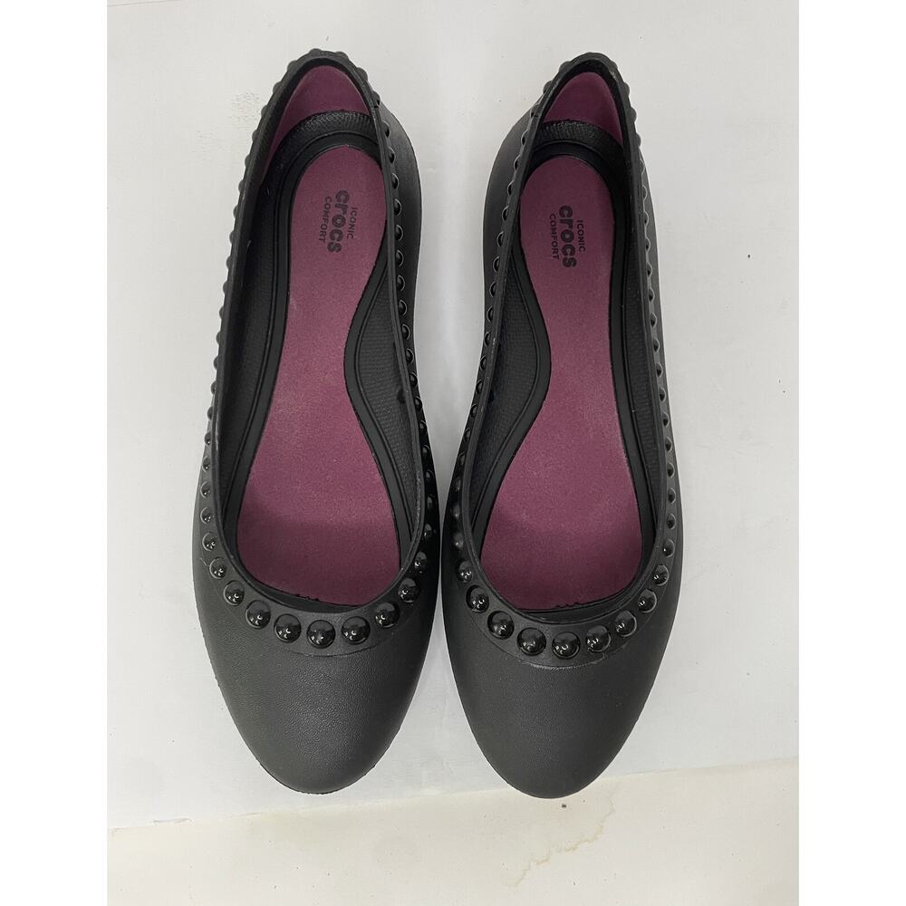 Crocs Women's 7 Black Iconic Comfort Luxe Lina Slip On Ballet Flats Studded